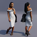 Woman Wearing Striped Off Shoulder Dress With Black Handbag And Sandals Front Back Views