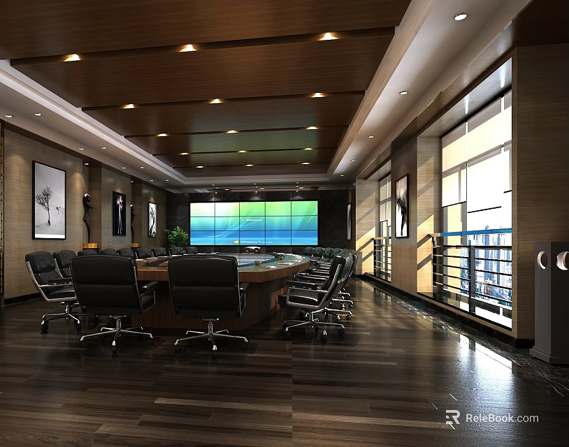 Modern Conference Room Featuring Large Round Table Black Office Chairs Ceiling Lights And Large Windows 3d model 