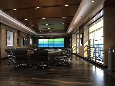 Modern Conference Room Featuring Large Round Table Black Office Chairs Ceiling Lights And Large Windows 3d model