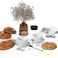 Fresh Danish Pastries with Coffee Cups Sugar Cubes Spoon Newspaper Glasses and Flower Vase