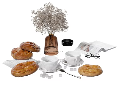 Fresh Danish Pastries with Coffee Cups Sugar Cubes Spoon Newspaper Glasses and Flower Vase 3d model