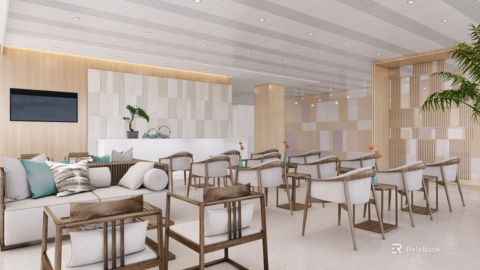 Modern Lounge Area Interior With Comfortable Sofa Wooden Chairs And Green Plant Decor 3d model 