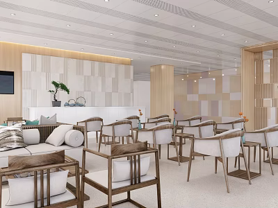 Modern Lounge Area Interior With Comfortable Sofa Wooden Chairs And Green Plant Decor 3d model