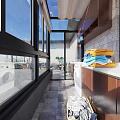 Cozy Home Balcony with Outdoor Dining Table Chairs Sunshade Umbrella Plants Dog and Sea View