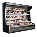 Commercial Refrigerated Display Shelving Unit with Multiple Shelves and Assorted Food Products