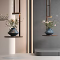 Blue Flower Vase With Blooming Flowers On Wooden Shelf In Modern Designer Interior