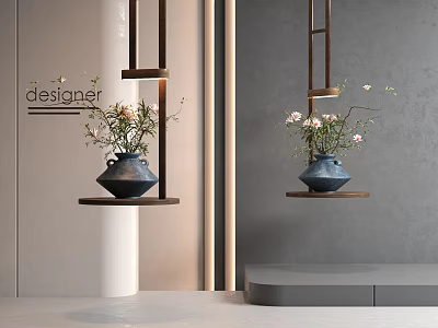 Blue Flower Vase With Blooming Flowers On Wooden Shelf In Modern Designer Interior 3d model