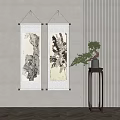 Chinese Ink Scroll Paintings On Wall With Green Plant And Small Table Decor