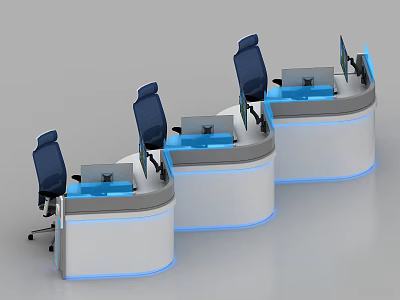 Modern Curved Office Desk Setup With Blue Desktop And Black Office Chairs 3d model