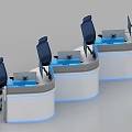 Modern Curved Office Desk Setup With Blue Desktop And Black Office Chairs