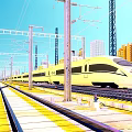 Yellow High Speed Train Running On Rail Track With Electric Poles And Tall Buildings