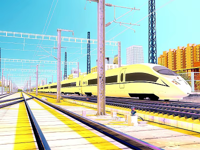 Yellow High Speed Train Running On Rail Track With Electric Poles And Tall Buildings 3d model