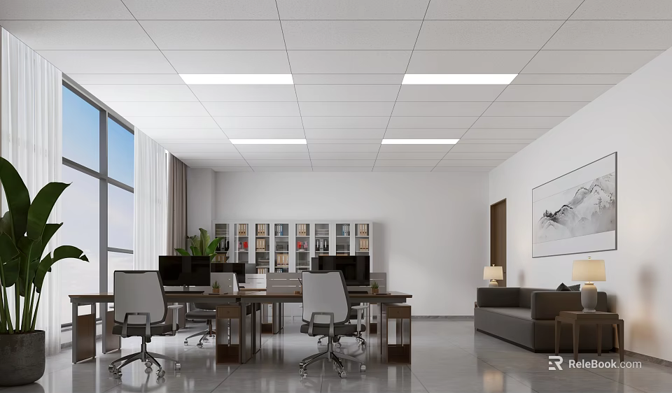 Modern Office Interior With Desks Chairs Bookshelf Sofa Windows And Lighting 3d model