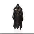 Mystical Fantasy Character In Black Robe With Pointed Hood Golden Accents Intricate Metallic Armor Details