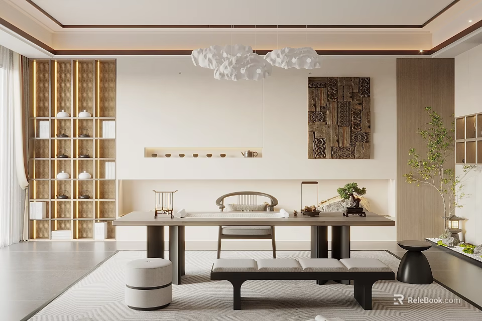 Modern Tea Room Interior With Table Chair Bench And Shelves 3d model