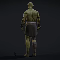 Green Skinned Muscular Man Shirtless With Arm Guards Decorative Belt Holding Dagger In Dark Background