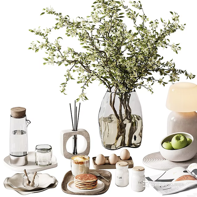 Decorative Ornament Set With Transparent Vase Green Foliage Reed Diffuser Eggs Green Apples And Candle 3d model 