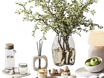 Decorative Ornament Set With Transparent Vase Green Foliage Reed Diffuser Eggs Green Apples And Candle 3d model