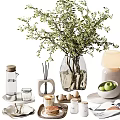 Decorative Ornament Set With Transparent Vase Green Foliage Reed Diffuser Eggs Green Apples And Candle