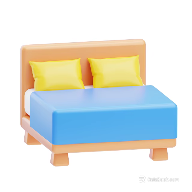 Double Bed with Orange Headboard Two Yellow Pillows Blue Mattress and Orange Bed Frame 3d model 