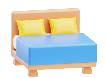 Double Bed with Orange Headboard Two Yellow Pillows Blue Mattress and Orange Bed Frame 3d model