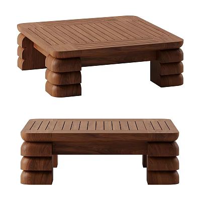 Wooden Modern Coffee Table With Slatted Top And Stacked Cylindrical Legs 3d model