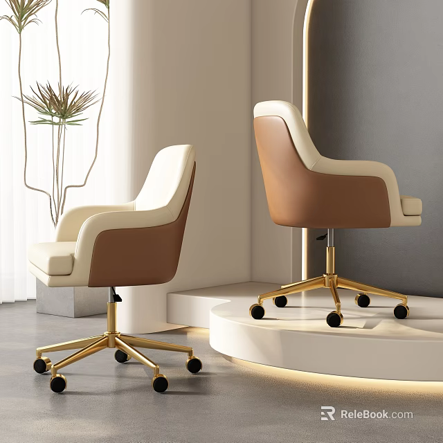 Modern Luxury Dining Chairs With White Brown Leather And Gold Swivel Wheels In Minimalist Interior 3d model 