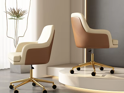Modern Luxury Dining Chairs With White Brown Leather And Gold Swivel Wheels In Minimalist Interior 3d model