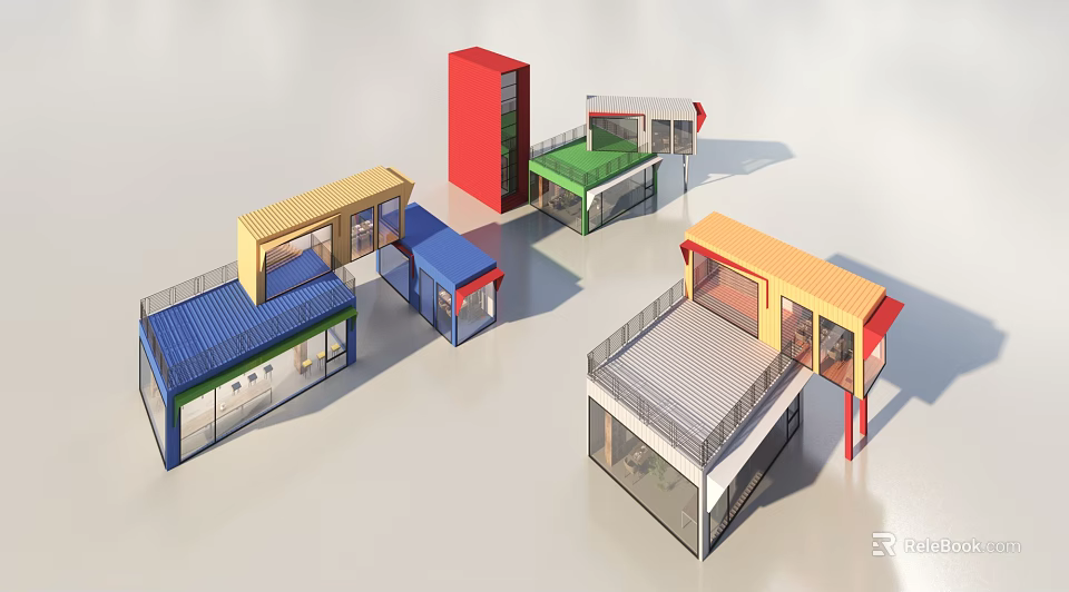 Colorful Container Buildings With Modular Structures Different Roof Designs And Glass Windows 3d model 