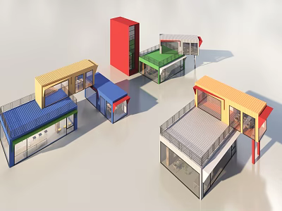 Colorful Container Buildings With Modular Structures Different Roof Designs And Glass Windows 3d model