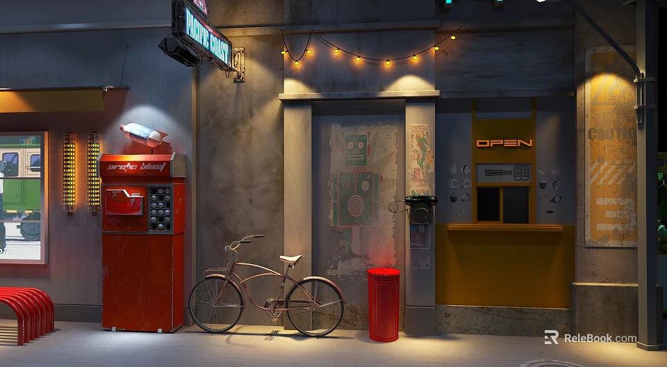 Vintage Background Wall With Retro Bicycle Red Vending Machine Neon Sign And String Lights 3d model 