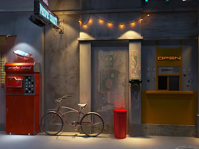 Vintage Background Wall With Retro Bicycle Red Vending Machine Neon Sign And String Lights 3d model