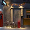 Vintage Background Wall With Retro Bicycle Red Vending Machine Neon Sign And String Lights