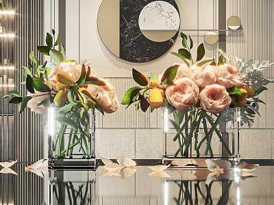 Elegant Floral Arrangement In Glass Vases With Pink Peonies Green Leaves And Modern Decorative Mirror 3d model