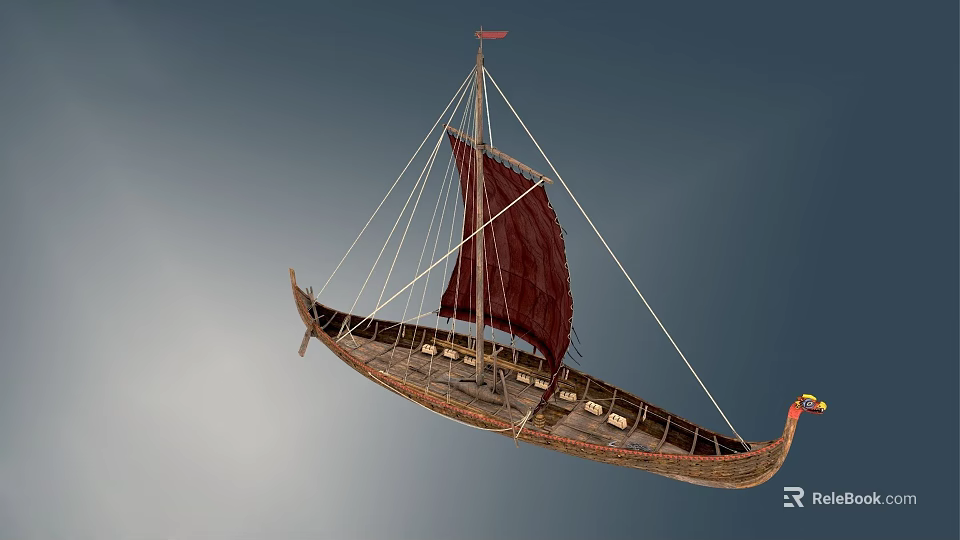 Vintage Wooden Sailing Boat With Red Sail And Decorative Dragon Head Bow Design 3d model 
