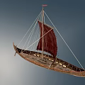 Vintage Wooden Sailing Boat With Red Sail And Decorative Dragon Head Bow Design