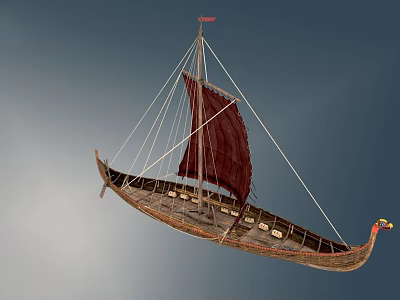 Vintage Wooden Sailing Boat With Red Sail And Decorative Dragon Head Bow Design 3d model