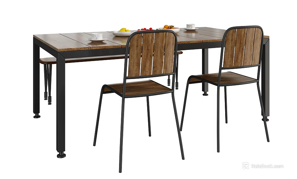 Industrial Dining Table Set With Wooden Top Metal Legs Chairs Fruit Platter And Cups 3d model 