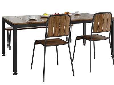 Industrial Dining Table Set With Wooden Top Metal Legs Chairs Fruit Platter And Cups 3d model