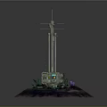 3D Render of Communication Tower With Base Station and Surrounding Equipment on Dark Platform