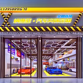 National Chain Car Interior Customization Storefront With Glass Doors Yellow Black Stripes And Vehicle Displays