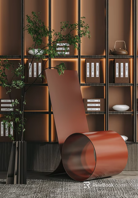 Elegant Brown Single Chair With Wooden Shelves Green Plant And Warm Lighting 3d model 