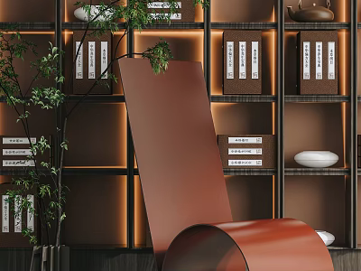 Elegant Brown Single Chair With Wooden Shelves Green Plant And Warm Lighting 3d model