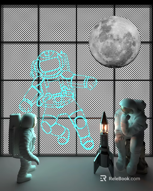 Glowing Blue Decorative Light Pattern With Astronaut Silhouette Moon And Grid Background 3d model 