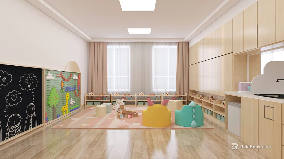 Bright Kindergarten Classroom Interior With Colorful Block Wall Large Windows Wooden Cabinets And Toy Area 3d model 