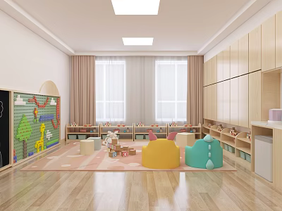 Bright Kindergarten Classroom Interior With Colorful Block Wall Large Windows Wooden Cabinets And Toy Area 3d model
