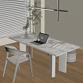 Stylish Marble Top Desk With Laptop Magazine White Chair Blinds And Green Plant