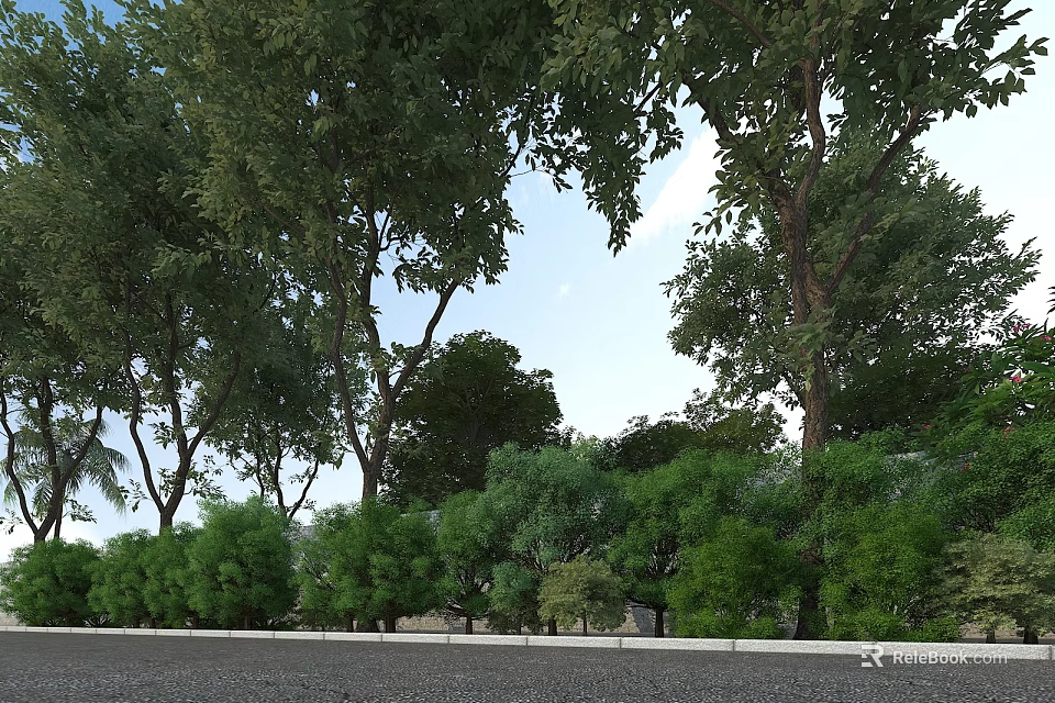 Lush Garden Landscape With Tall Trees Diverse Green Plants And Natural Pathway 3d model 
