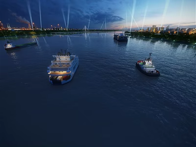Night River Scenery With Several Boats On Calm Water And City Lights Illuminating Skyscrapers 3d model