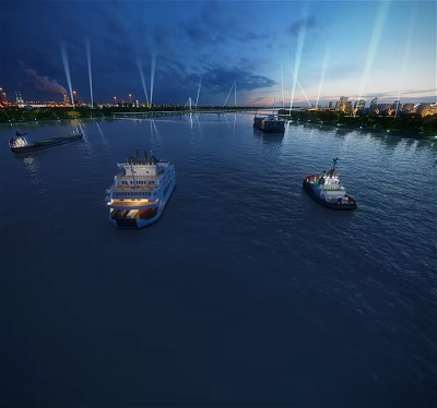Night River Scenery With Several Boats On Calm Water And City Lights Illuminating Skyscrapers 3d model